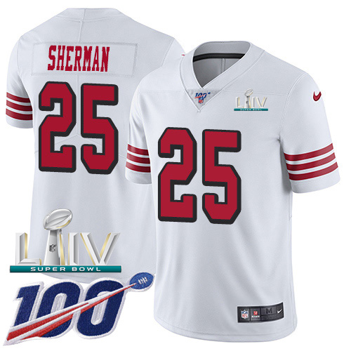 Nike 49ers #25 Richard Sherman White Super Bowl LIV 2020 Rush Youth Stitched NFL Limited 100th Season Jersey Nike 49ers #25 Richard Sherman White Super Bowl LIV 2020 Rush Youth Stitched NFL Limited 100th Season Jersey