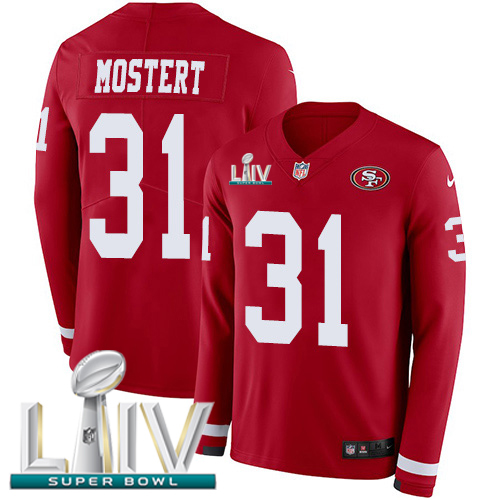 Nike 49ers #31 Raheem Mostert Red Super Bowl LIV 2020 Team Color Youth Stitched NFL Limited Therma Long Sleeve Jersey Nike 49ers #31 Raheem Mostert Red Super Bowl LIV 2020 Team Color Youth Stitched NFL Limited Therma Long Sleeve Jersey