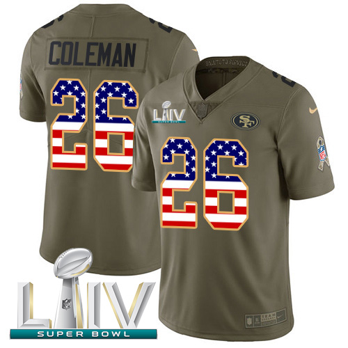 Nike 49ers #26 Tevin Coleman Olive/USA Flag Super Bowl LIV 2020 Youth Stitched NFL Limited 2017 Salute To Service Jersey Nike 49ers #26 Tevin Coleman Olive/USA Flag Super Bowl LIV 2020 Youth Stitched NFL Limited 2017 Salute To Service Jersey