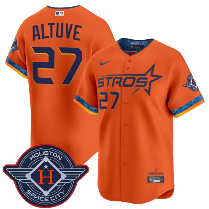 Men's Houston Astros #27 Jose Altuve Orange 2025 City Connect Limited Stitched Baseball Jersey Men's Houston Astros #27 Jose Altuve Orange 2025 City Connect Limited Stitched Baseball Jersey
