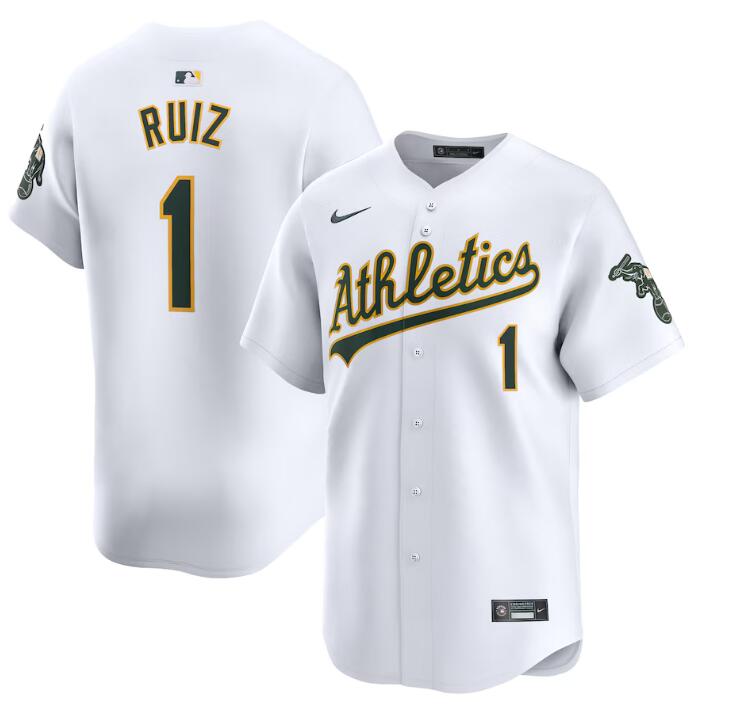 Men's Oakland Athletics #1 Esteury Ruiz White Home Limited Stitched Jersey Men's Oakland Athletics #1 Esteury Ruiz White Home Limited Stitched Jersey