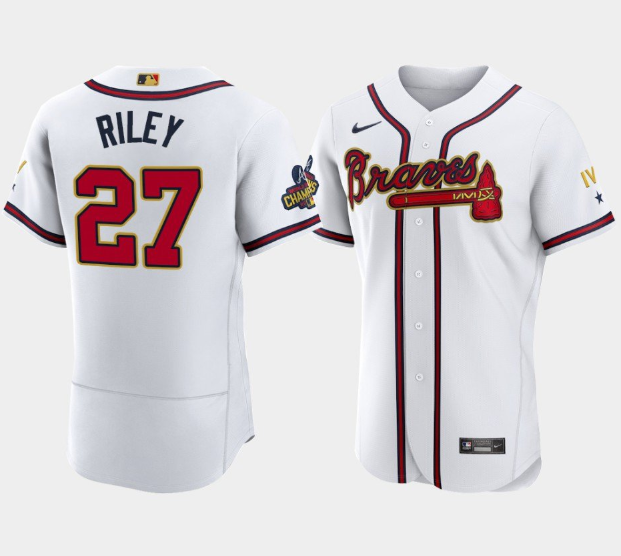 Men's Atlanta Braves #27 Austin Riley 2022 White/Gold World Series Champions Program Flex Base Stitched Baseball Jersey Men's Atlanta Braves #27 Austin Riley 2022 White/Gold World Series Champions Program Flex Base Stitched Baseball Jersey