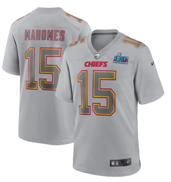 Women's Kansas City Chiefs #15 Patrick Mahomes Grey Super Bowl LVII Patch Atmosphere Fashion Stitched Game Jersey(Run Small)