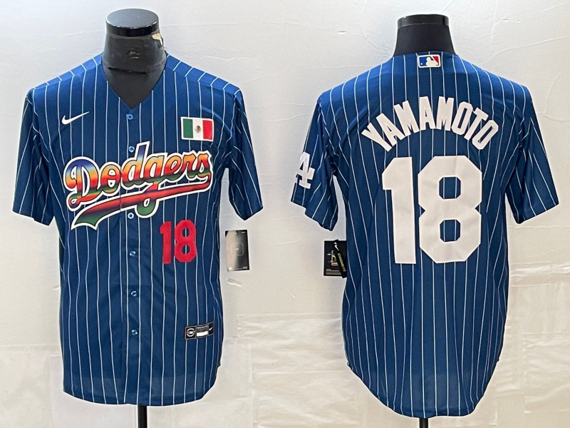 Men's Los Angeles Dodgers #18 Yoshinobu Yamamoto Blue Stripe 2023 Cool Base Stitched Baseball Jersey