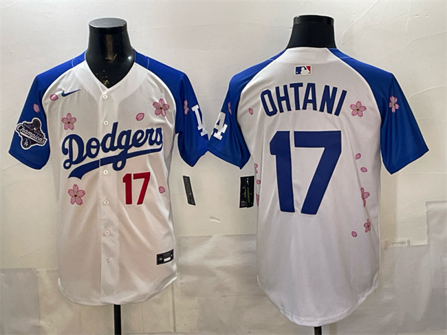 Men's Los Angeles Dodgers #17 Shohei Ohtani White/Royal 2025 World Series Champions Patch Tokyo Series Limited Stitched Baseball Jersey Men's Los Angeles Dodgers #17 Shohei Ohtani White/Royal 2025 World Series Champions Patch Tokyo Series Limited Stitched Baseball Jersey