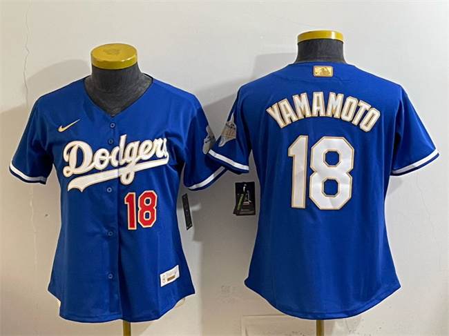 Women's Los Angeles Dodgers #18 Yoshinobu Yamamoto Royal 2026 Alternate Gold Collection Stadium Stitched Baseball Jersey(Run Small) Women's Los Angeles Dodgers #18 Yoshinobu Yamamoto Royal 2026 Alternate Gold Collection Stadium Stitched Baseball Jersey(Run Small)