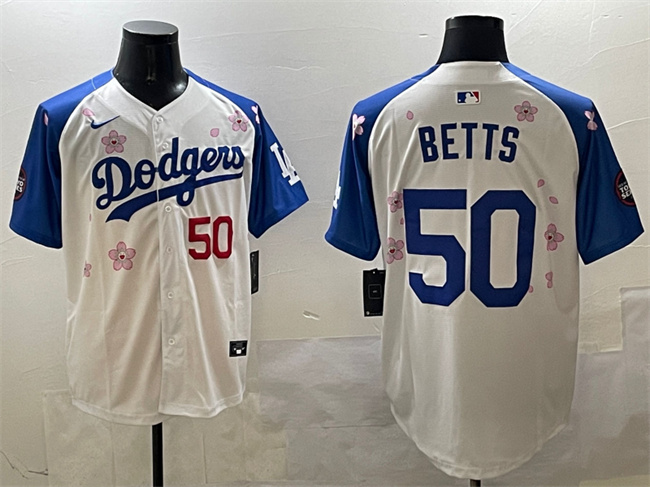 Men's Los Angeles Dodgers #50 Mookie Betts White/Royal 2025 Tokyo Series Limited Stitched Baseball Jersey Men's Los Angeles Dodgers #50 Mookie Betts White/Royal 2025 Tokyo Series Limited Stitched Baseball Jersey