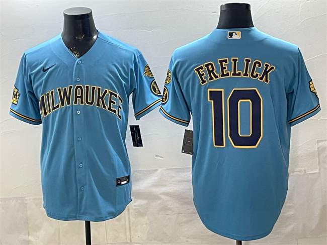 Men's Milwaukee Brewers #10 Sal Frelick Blue With Home & Bob Uecker Patch Stitched Baseball Jersey Men's Milwaukee Brewers #10 Sal Frelick Blue With Home & Bob Uecker Patch Stitched Baseball Jersey