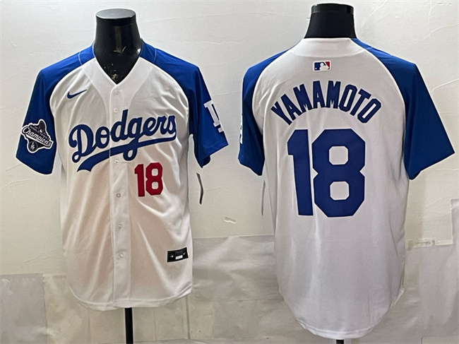 Men's Los Angeles Dodgers #18 Yoshinobu Yamamoto White/Royal 2025 World Series Champions Patch Limited Stitched Baseball Jersey Men's Los Angeles Dodgers #18 Yoshinobu Yamamoto White/Royal 2025 World Series Champions Patch Limited Stitched Baseball Jersey