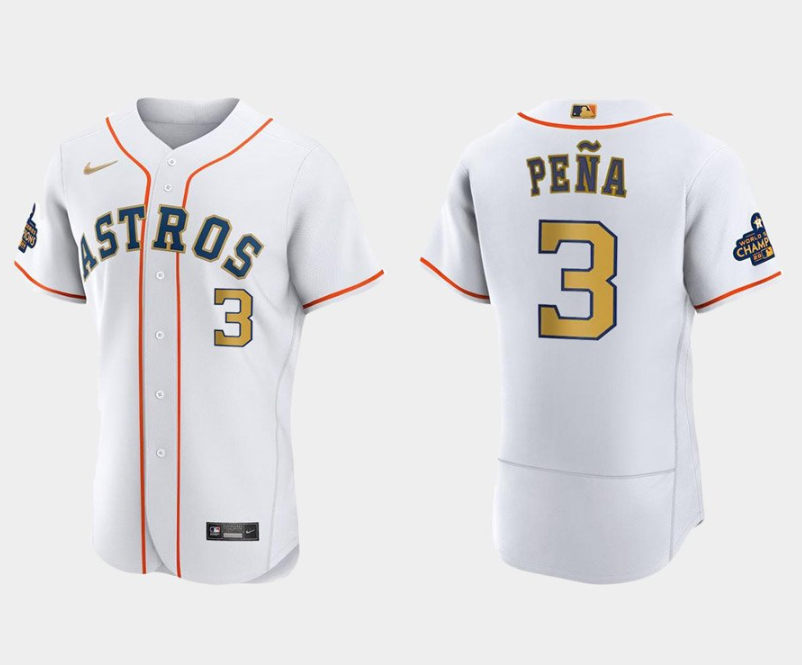 Men's Houston Astros #3 Jeremy Peña White 2023 Gold Collection With World Serise Champions Patch Stitched Baseball Jersey Men's Houston Astros #3 Jeremy Peña White 2023 Gold Collection With World Serise Champions Patch Stitched Baseball Jersey