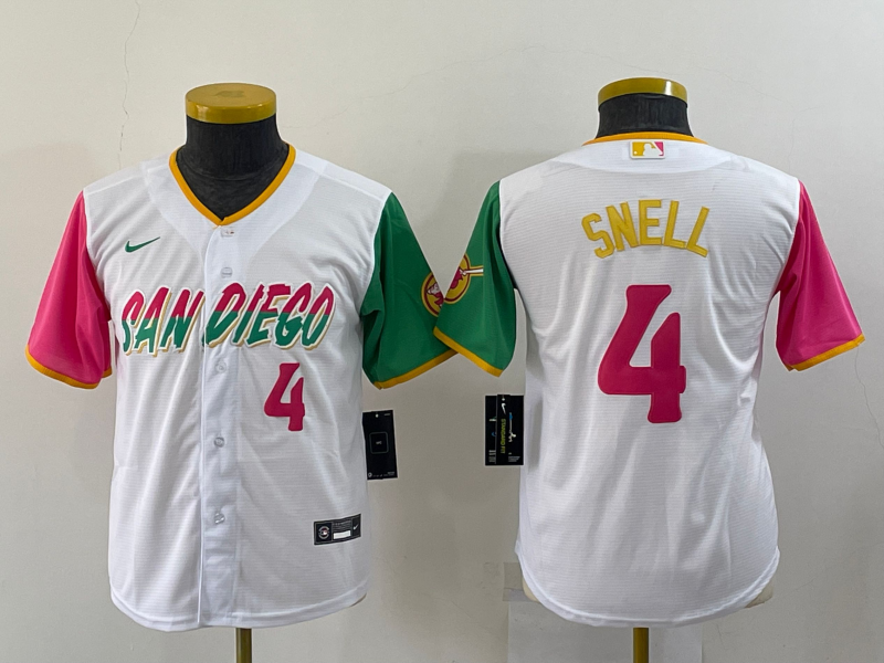 Youth San Diego Padres #4 Blake Snell 2022 White City Connect Stitched Baseball Jersey Youth San Diego Padres #4 Blake Snell 2022 White City Connect Stitched Baseball Jersey