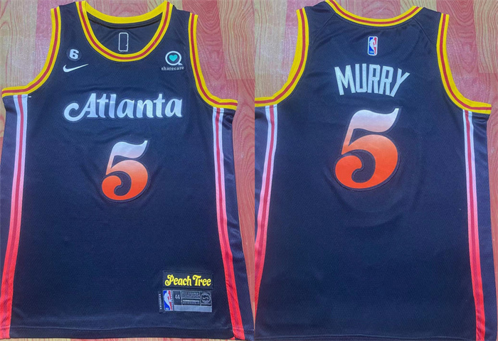Men's Atlanta Hawks #5 Dejounte Murray Black 2022/23 City Edition With NO.6 Patch Stitched Jersey Men's Atlanta Hawks #5 Dejounte Murray Black 2022/23 City Edition With NO.6 Patch Stitched Jersey