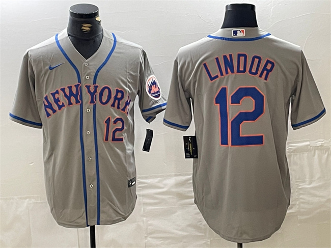 Men's New York Mets #12 Francisco Lindor Grey Stitched Baseball Jersey Men's New York Mets #12 Francisco Lindor Grey Stitched Baseball Jersey
