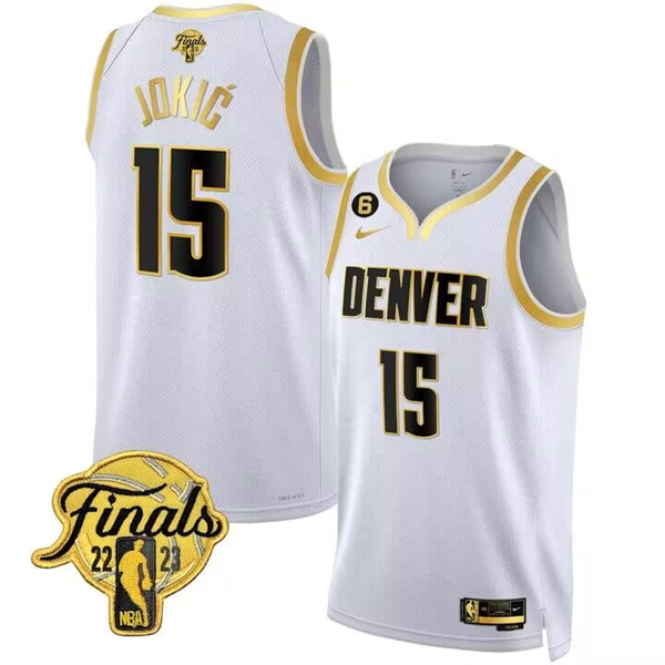 Men's Denver Nuggets #15 Nikola Jokic White Gold Edition 2023 Finals Collection With NO.6 Patch Stitched Basketball Jersey Men's Denver Nuggets #15 Nikola Jokic White Gold Edition 2023 Finals Collection With NO.6 Patch Stitched Basketball Jersey