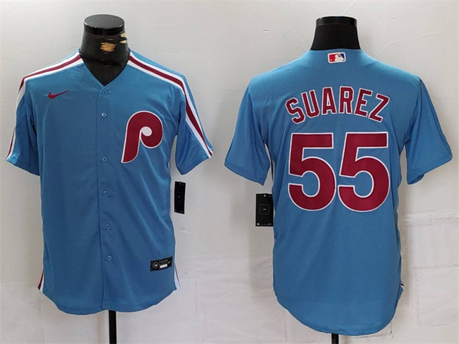 Men's Philadelphia Phillies #55 Ranger Suárez Blue Cool Base Stitched Jersey Men's Philadelphia Phillies #55 Ranger Suárez Blue Cool Base Stitched Jersey