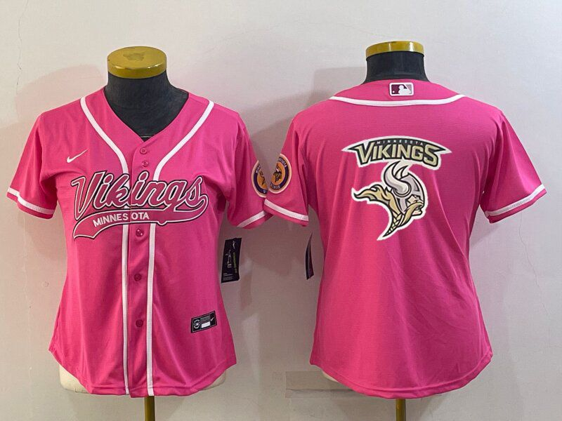 Women's Minnesota Vikings Pink Team Big Logo With Patch Cool Base Stitched Baseball Jersey(Run Small) Women's Minnesota Vikings Pink Team Big Logo With Patch Cool Base Stitched Baseball Jersey(Run Small)
