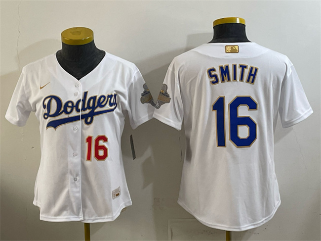 Women's Los Angeles Dodgers #16 Will Smith White 2026 Gold Collection Stadium Stitched Baseball Jersey(Run Small) Women's Los Angeles Dodgers #16 Will Smith White 2026 Gold Collection Stadium Stitched Baseball Jersey(Run Small)