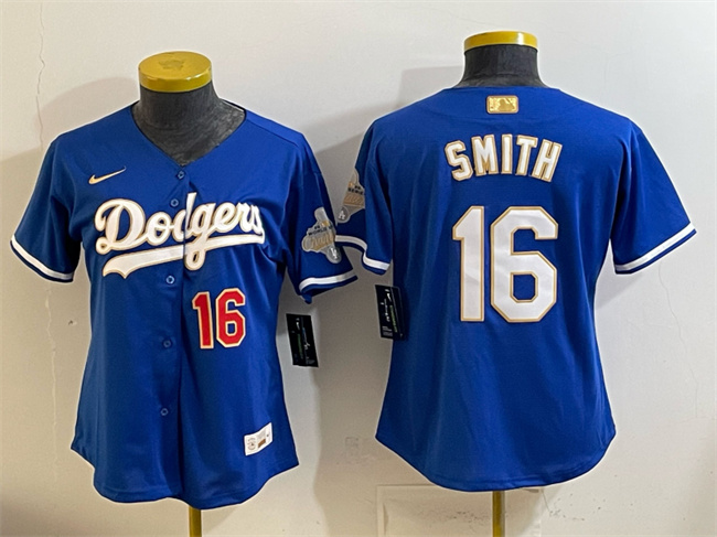 Women's Los Angeles Dodgers #16 Will Smith Royal 2026 Alternate Gold Collection Stadium Stitched Baseball Jersey(Run Small) Women's Los Angeles Dodgers #16 Will Smith Royal 2026 Alternate Gold Collection Stadium Stitched Baseball Jersey(Run Small)