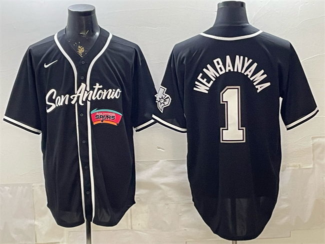Men's San Antonio Spurs #1 Victor Wembanyama Black Stitched Baseball Jersey