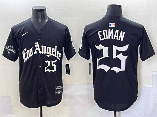 Men's Los Angeles Dodgers #25 Tommy Edman Black Mexico 2025 LA Gothic Style With 2024 World Series Champions Patch Vapor Premier Limited Stitched Baseball Jersey Men's Los Angeles Dodgers #25 Tommy Edman Black Mexico 2025 LA Gothic Style With 2024 World Series Champions Patch Vapor Premier Limited Stitched Baseball Jersey