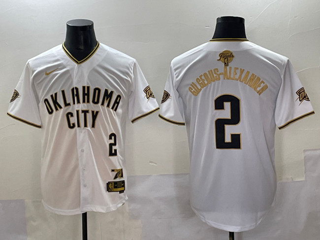 Men's Oklahoma City Thunder #2 Shai Gilgeous-Alexander White/Gold 2025 Finals Vapor Stitched Baseball Jersey Men's Oklahoma City Thunder #2 Shai Gilgeous-Alexander White/Gold 2025 Finals Vapor Stitched Baseball Jersey