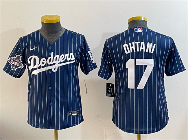 Youth Los Angeles Dodgers #17 Shohei Ohtani Navy Pinstripe 2025 World Series Champions Patch Cool Base Stitched Baseball Jersey Youth Los Angeles Dodgers #17 Shohei Ohtani Navy Pinstripe 2025 World Series Champions Patch Cool Base Stitched Baseball Jersey