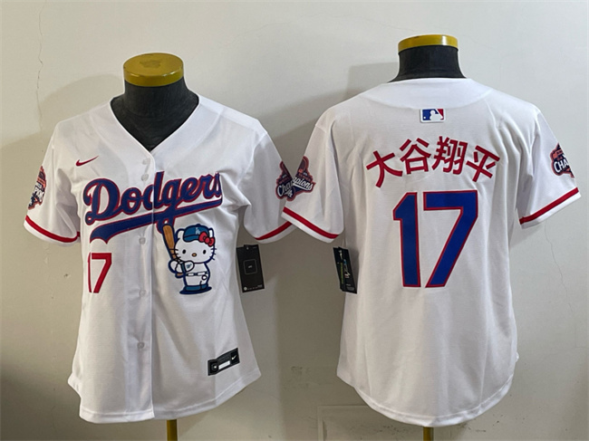 Women's Los Angeles Dodgers #17 大谷翔平 White Hello Kitty Night 2025 World Series Champions Patch Stitched Baseball Jersey(Run Small)