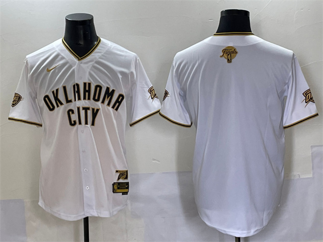 Men's Oklahoma City Thunder Blank White/Gold 2025 Finals Vapor Stitched Baseball Jersey Men's Oklahoma City Thunder Blank White/Gold 2025 Finals Vapor Stitched Baseball Jersey