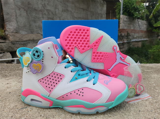 Women's Running weapon Air Jordan 6 Pink/White/Blue Shoes 018